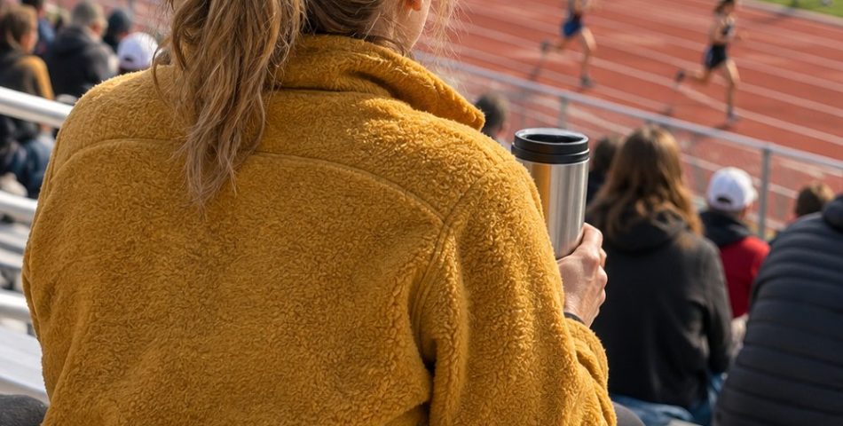 Mom seen from behind on bleachers at an outdoor track meet in a mustard fleece and cap holding a travel mug