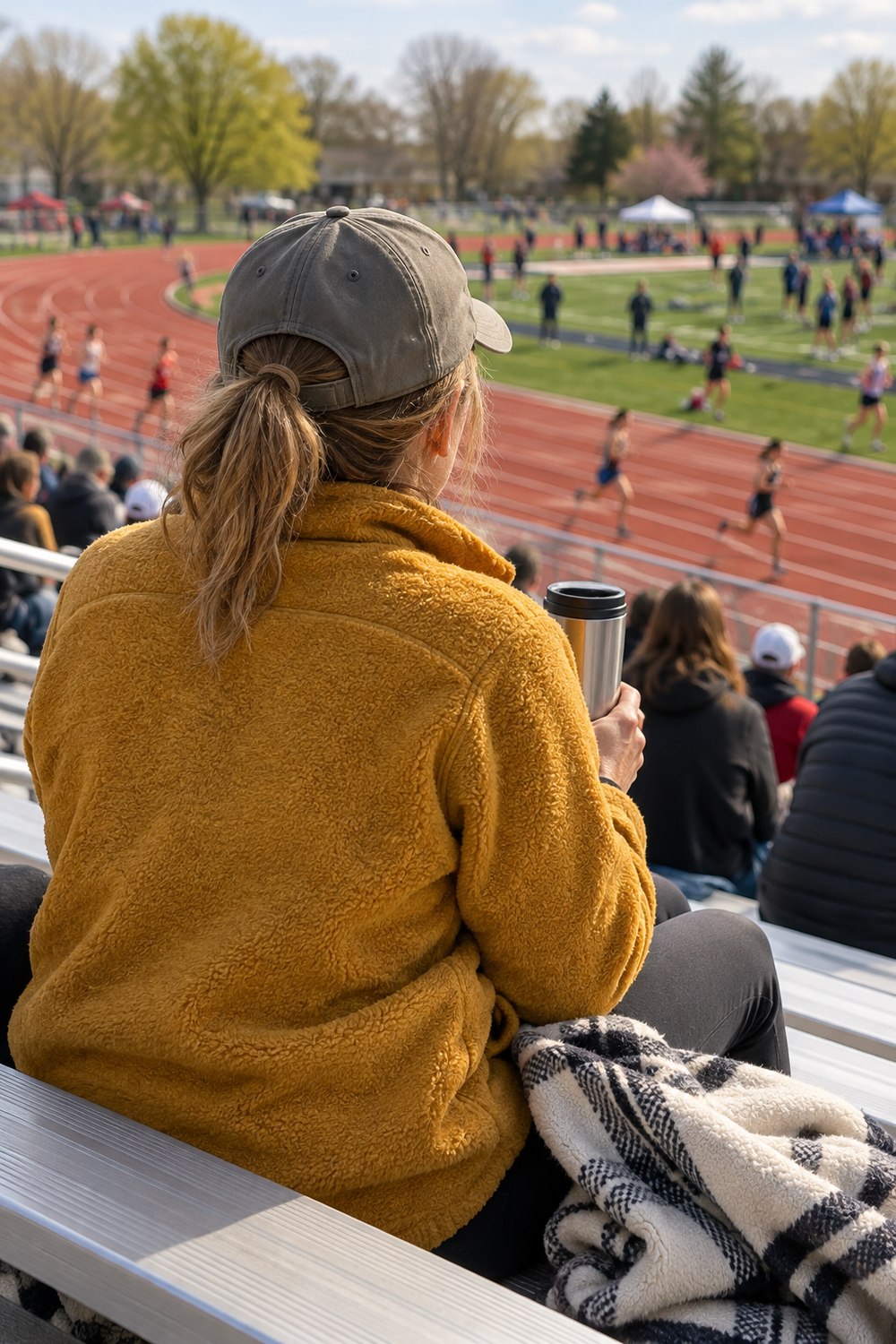Mom seen from behind on bleachers at an outdoor track meet in a mustard fleece and cap holding a travel mug