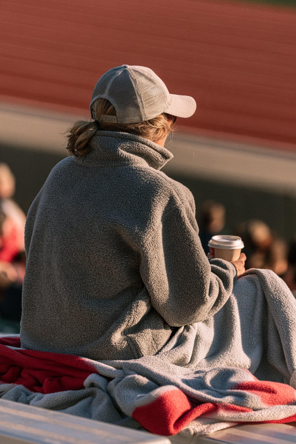 Parent seen from behind on stadium bleachers at a track meet with a fleece, cap and coffee