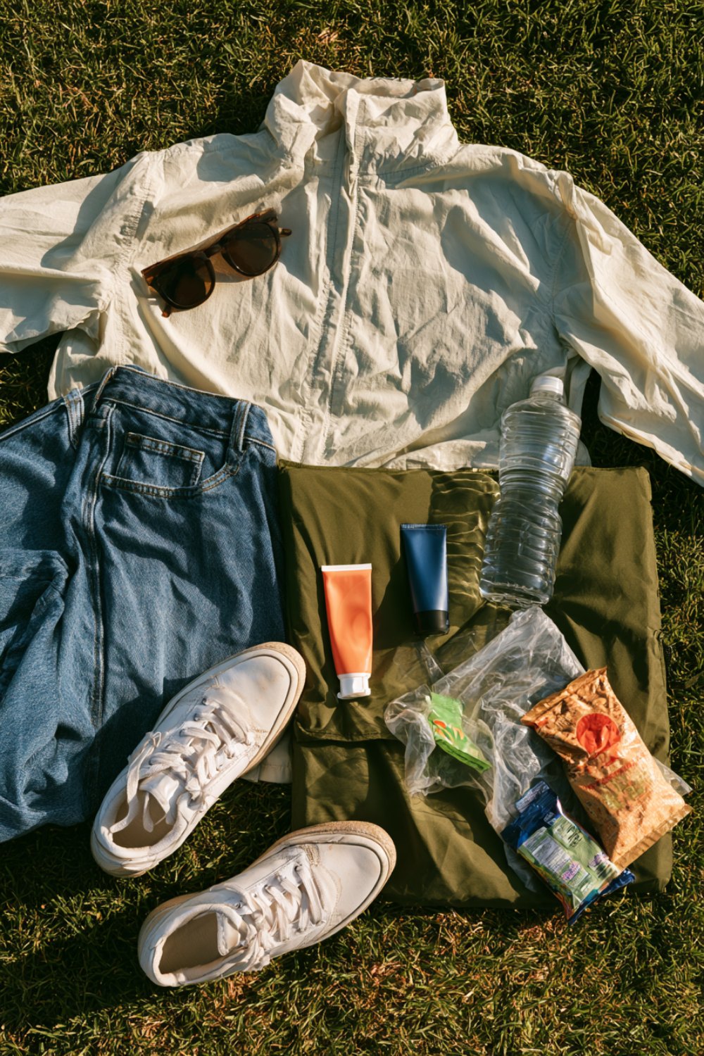 Cream fleece, jeans, sneakers and meet day snacks laid out on the grass