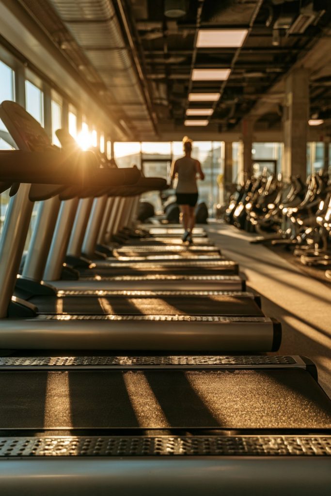 Row of treadmills in a sunny modern gym with one person walking in the distance