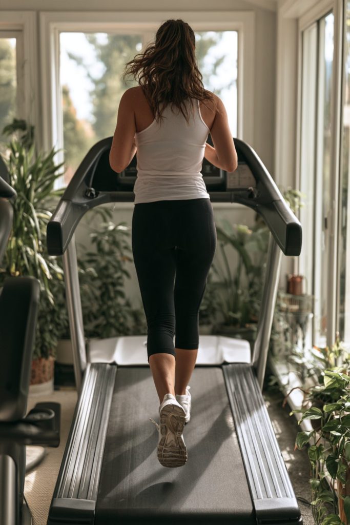 Treadmill walk in an airy home gym with big windows, seen from behind