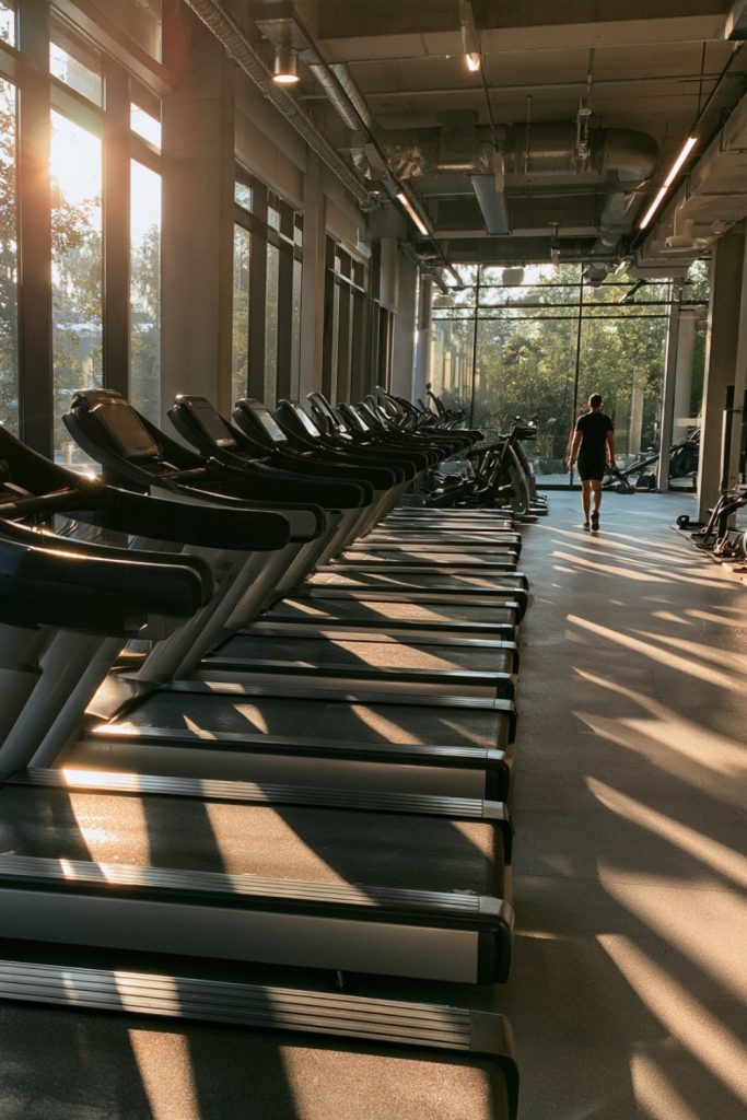 Long line of treadmills catching morning light in an open gym