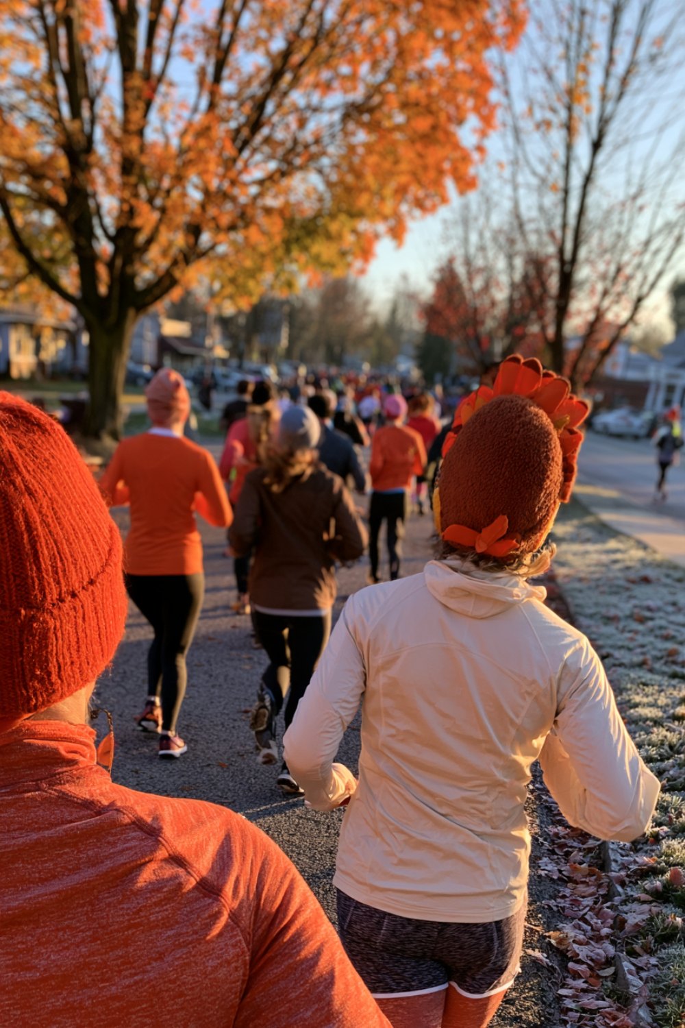 Runners seen from behind at a Thanksgiving fun run start in orange and cream layers, one in a knit turkey hat