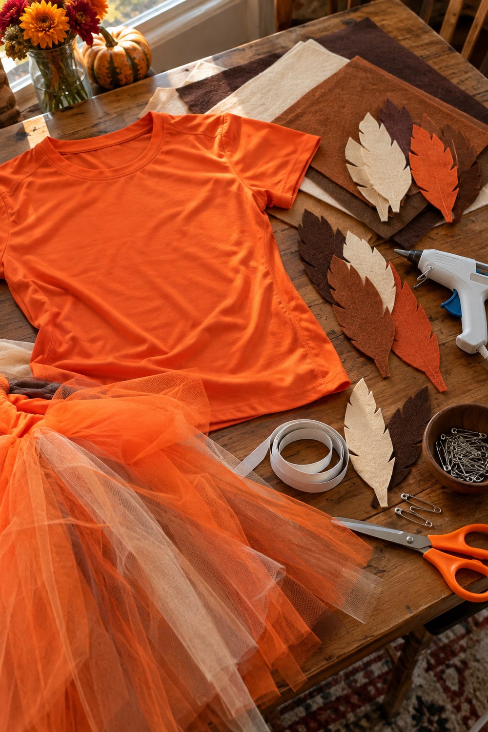 DIY turkey trot supplies: orange tech tee, felt feathers, orange tulle, glue gun, elastic and scissors on a craft table