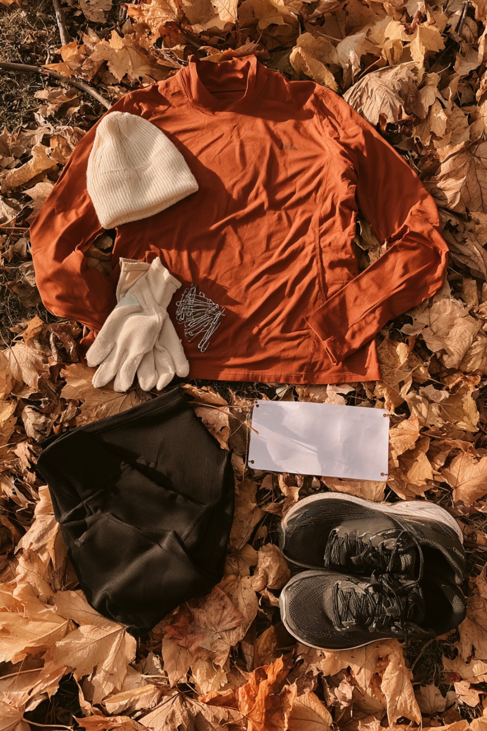 Race-ready turkey trot outfit flat lay on autumn leaves: rust running top, tights, knit hat, gloves and running shoes