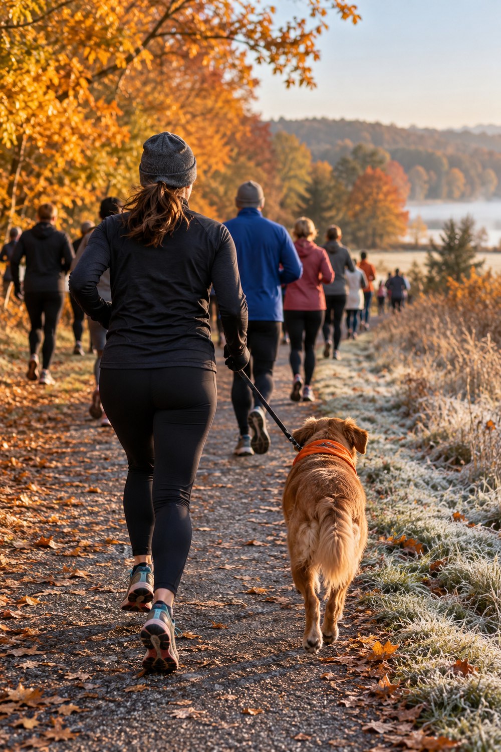 Runner seen from behind jogging with a golden dog on a short leash at an autumn fun run