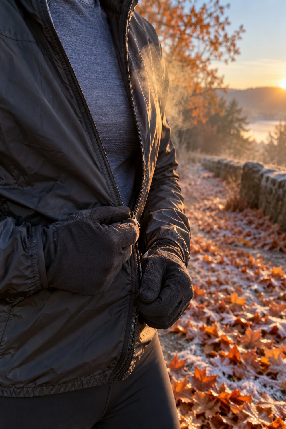 Gloved hands zipping a windproof running jacket over a base layer on a frosty fall morning