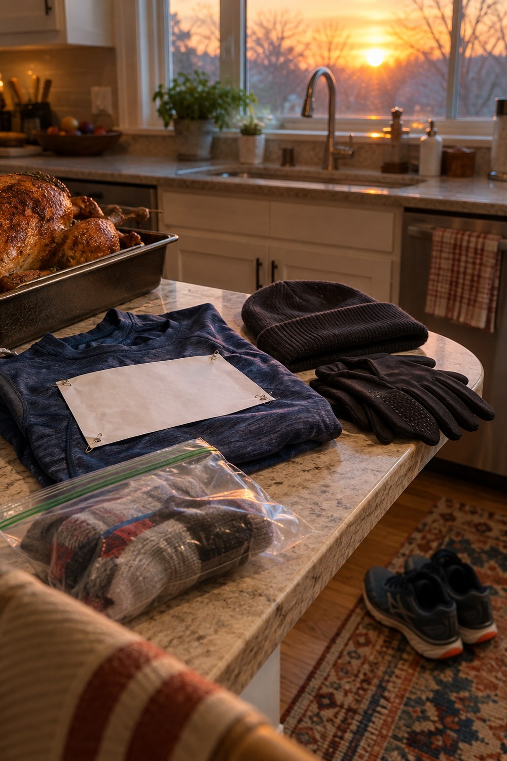 Race morning kit on a kitchen counter at dawn: folded running shirt with a blank bib, beanie, gloves, dry socks and shoes