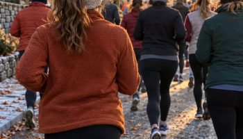 Runner seen from behind at a frosty autumn fun run start in a rust fleece, black tights and a cream knit headband
