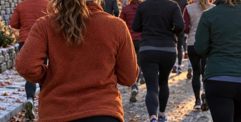 Runner seen from behind at a frosty autumn fun run start in a rust fleece, black tights and a cream knit headband
