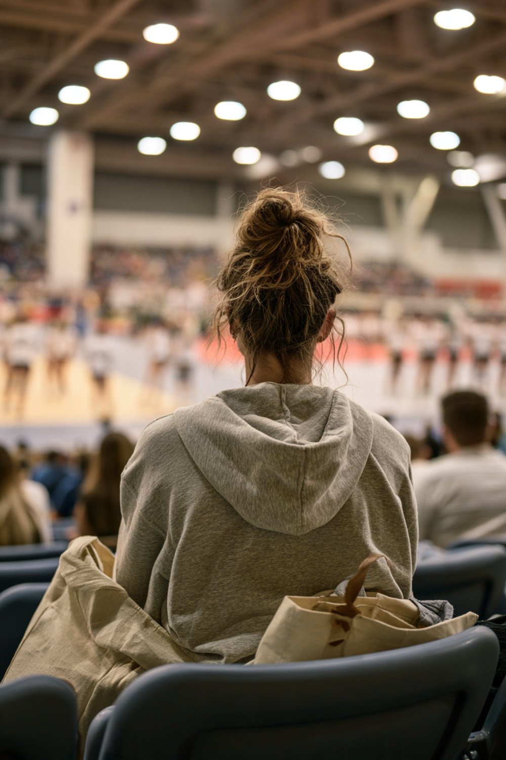 Woman in a grey hoodie seen from behind in the stands of a large indoor volleyball tournament
