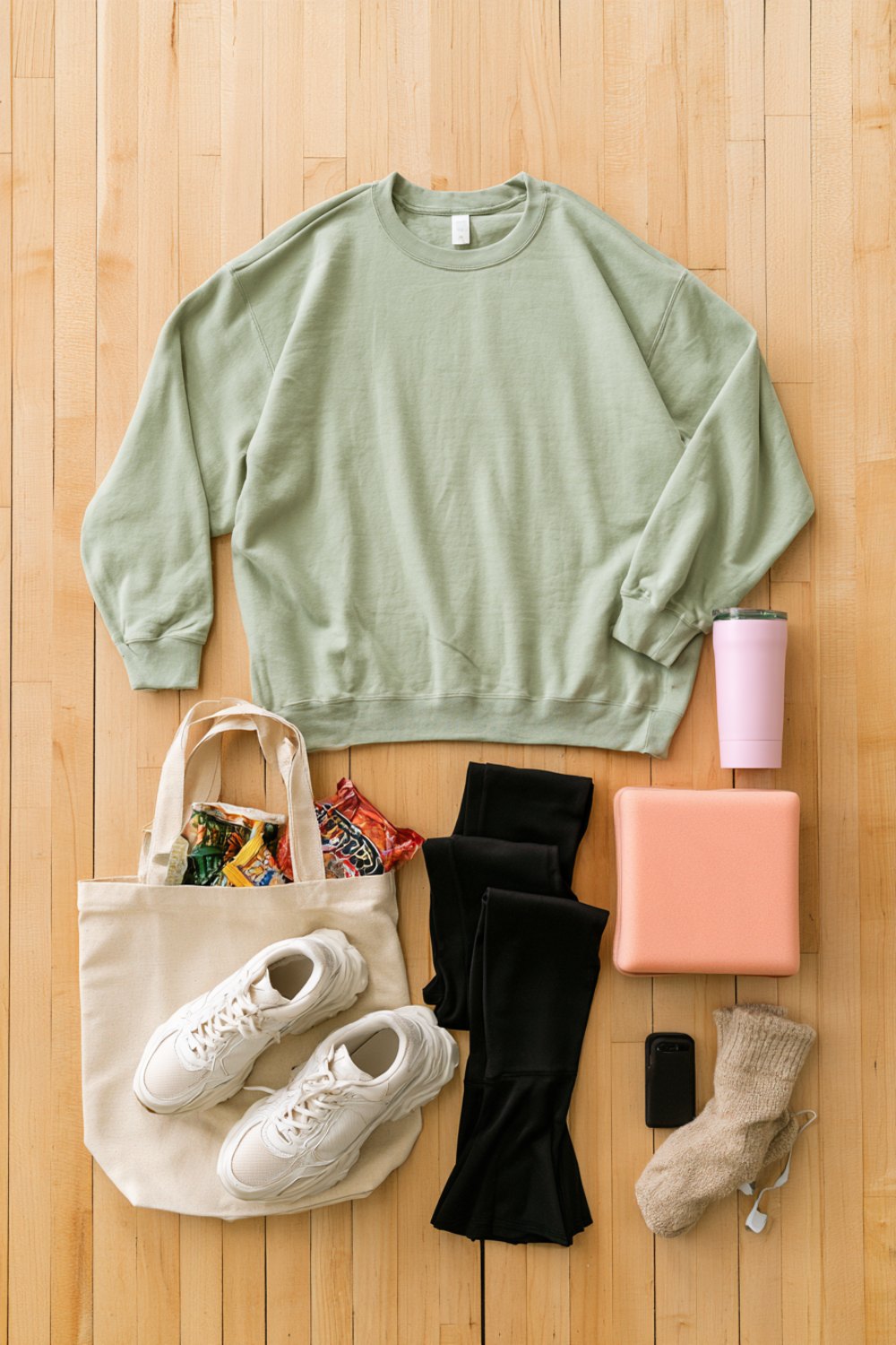 Another flat lay on a maple gym floor of a sage crewneck, black flared leggings, white sneakers, tote bag and pink tumbler