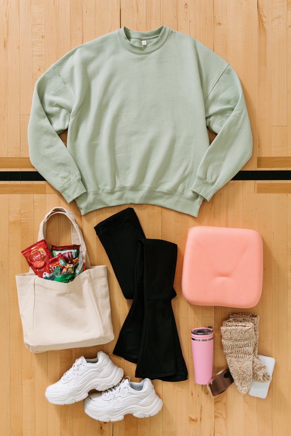 Another flat lay on a maple gym floor of a sage crewneck, black flared leggings, white sneakers, tote bag and pink tumbler