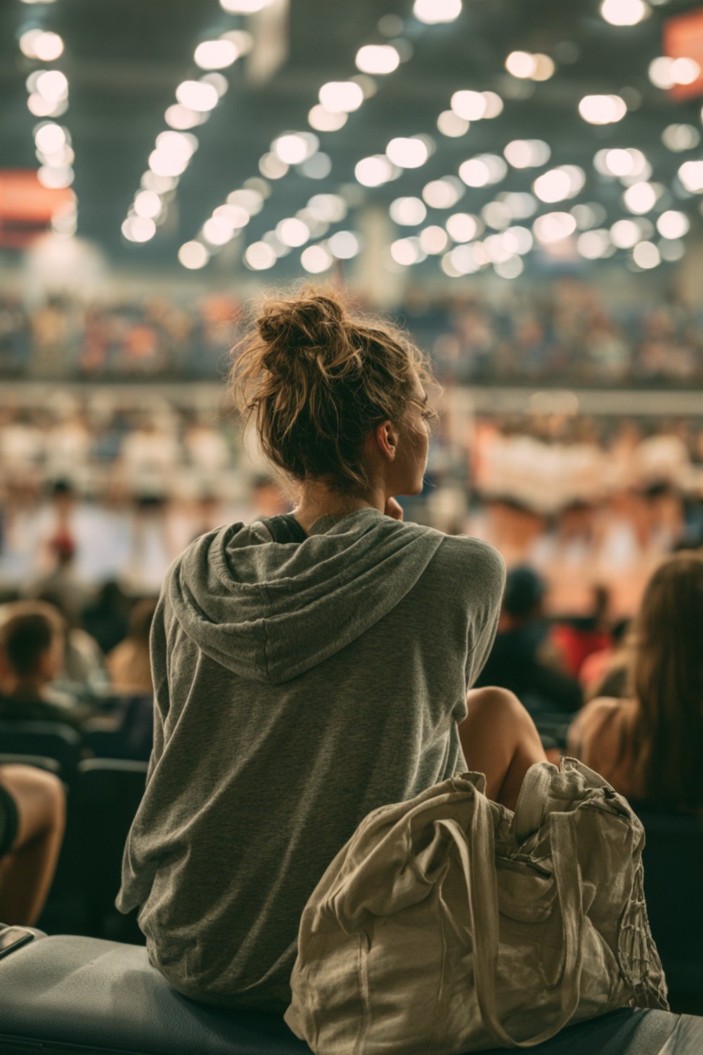 Woman in a grey hoodie seen from behind in the stands of a large indoor volleyball tournament, wider view