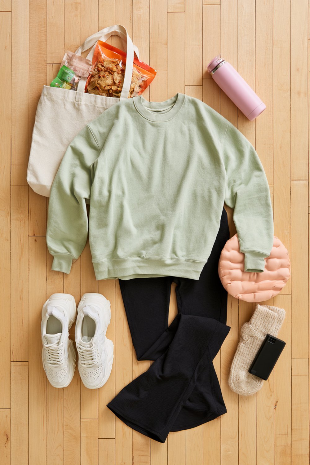 Flat lay on a maple gym floor of a sage crewneck, black flared leggings, white sneakers, tote bag and pink tumbler