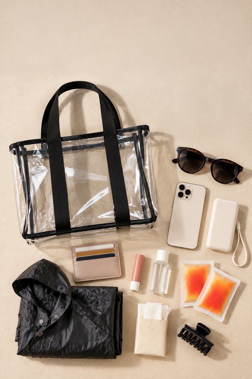 Flat lay of what to pack in a clear stadium bag: card holder, phone, charger, lip balm, hand warmers, poncho and sunglasses