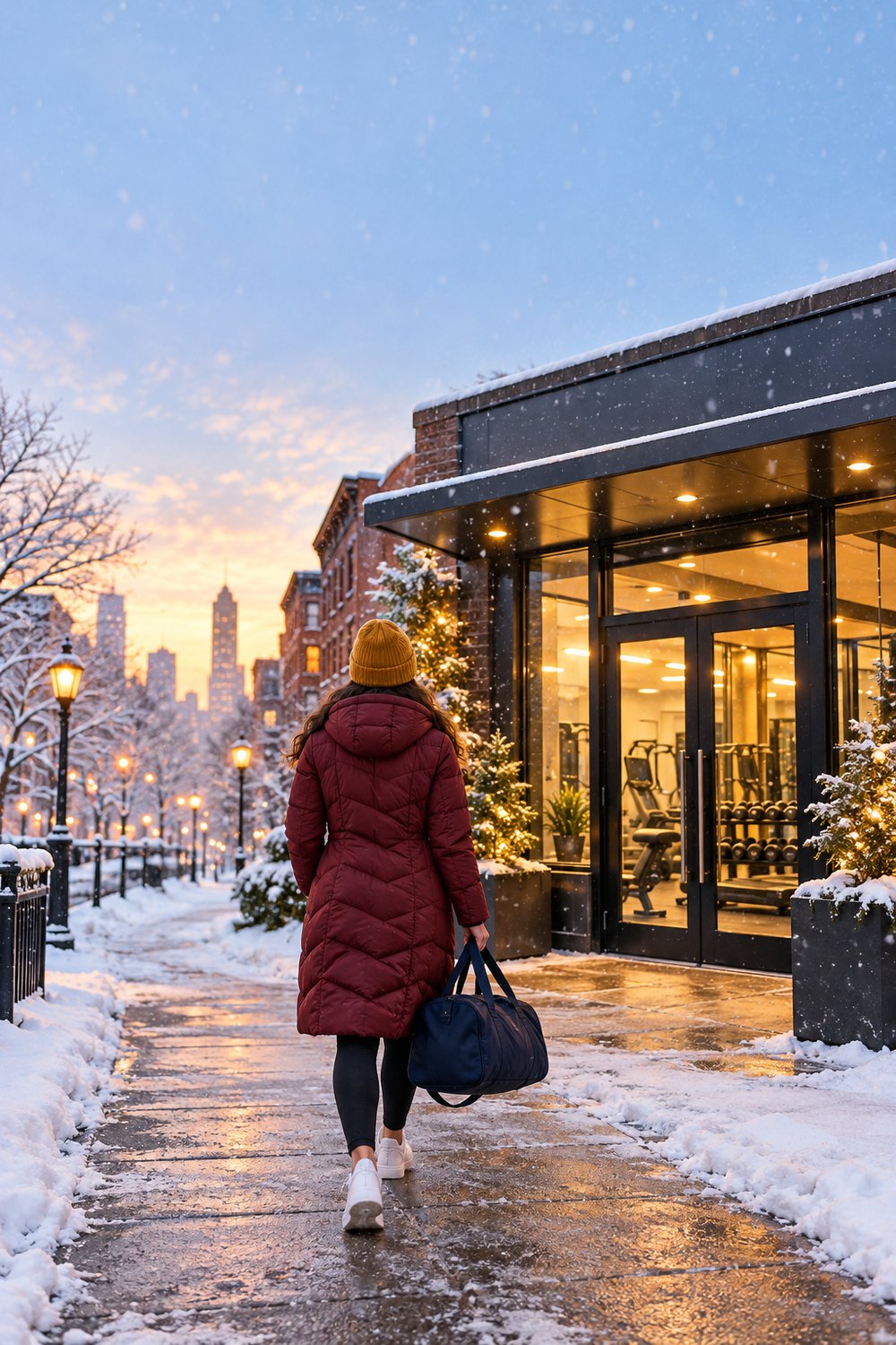 Woman seen from behind walking to the gym in snow wearing a long burgundy puffer coat, black leggings and a yellow beanie