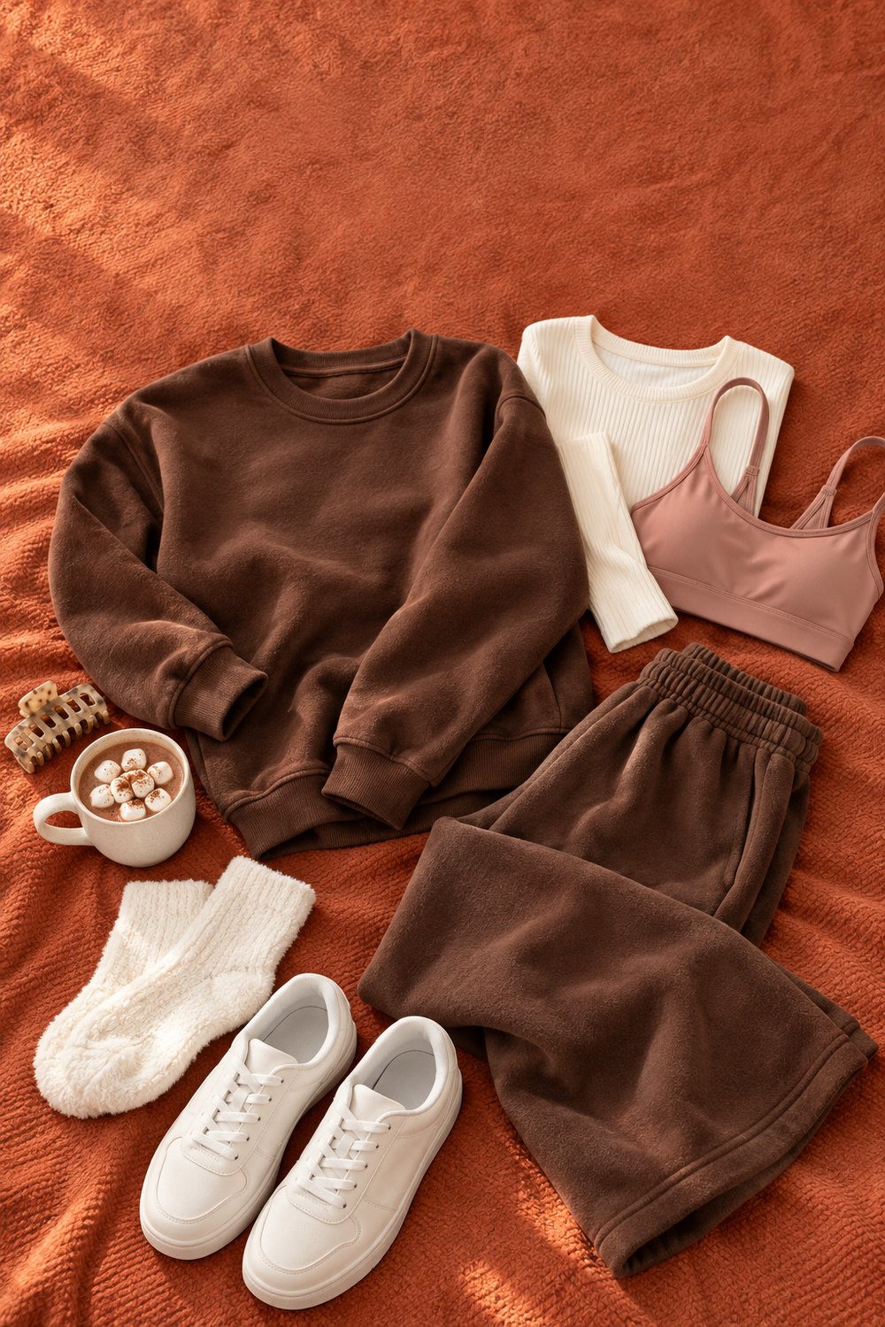 Cozy winter gym outfit flat lay with a cocoa brown matching sweatsuit, cream base layer, pink sports bra and fuzzy socks