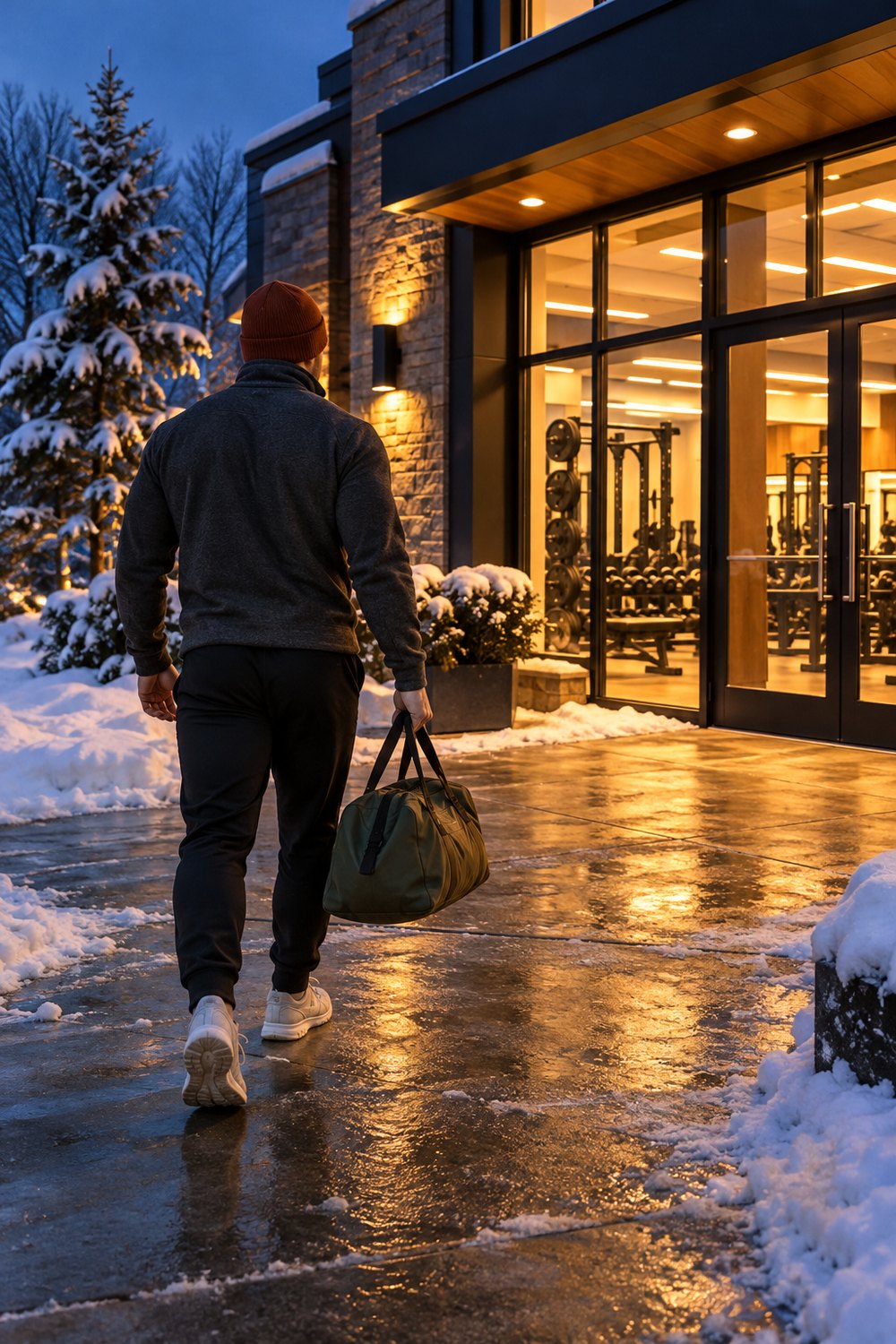 Man in a charcoal half-zip, black joggers and a rust beanie carrying an olive duffel to a gym on a snowy evening