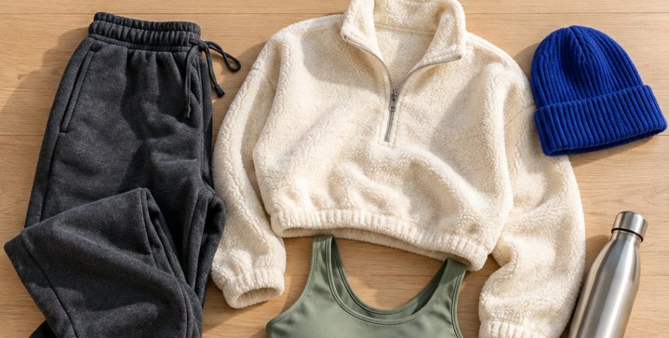Winter gym outfit flat lay with charcoal fleece joggers, cream half-zip fleece, sage sports bra, blue beanie and white sneakers