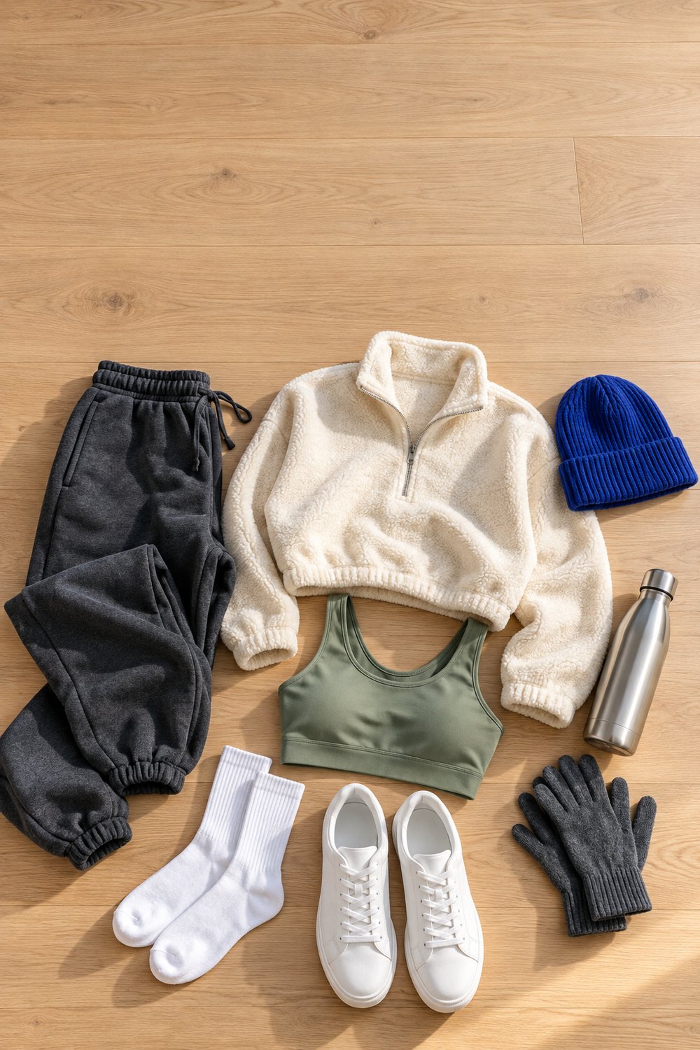 Winter gym outfit flat lay with charcoal fleece joggers, cream half-zip fleece, sage sports bra, blue beanie and white sneakers