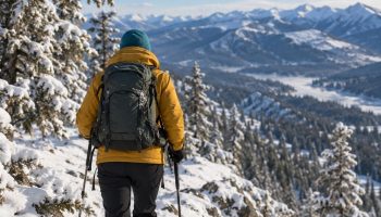 Hiker seen from behind on a snowy ridge trail in a mustard insulated jacket, black softshell pants and gaiters with trekking poles