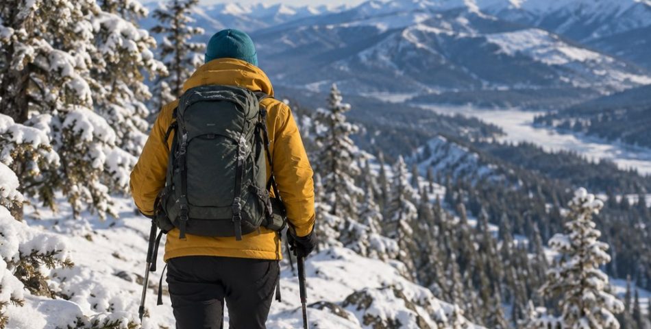Hiker seen from behind on a snowy ridge trail in a mustard insulated jacket, black softshell pants and gaiters with trekking poles