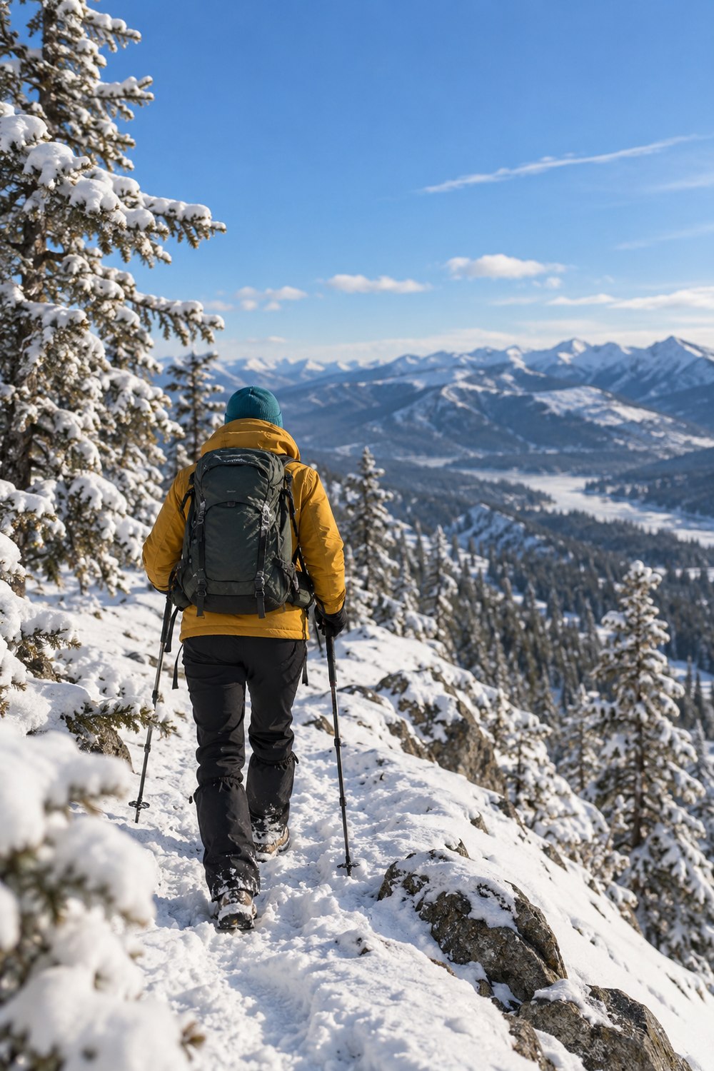 Hiker seen from behind on a snowy ridge trail in a mustard insulated jacket, black softshell pants and gaiters with trekking poles