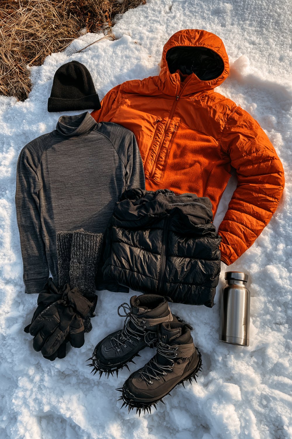 Winter hiking layers on snow: grey base layer, orange fleece, black puffer, boots, beanie, gloves and thermos