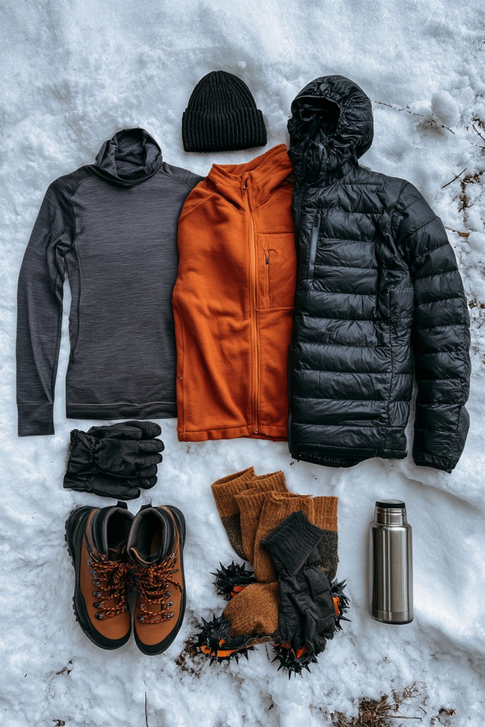 Layered winter hiking outfit on snow with a fleece, insulated jacket, waterproof boots, gloves and a steel thermos