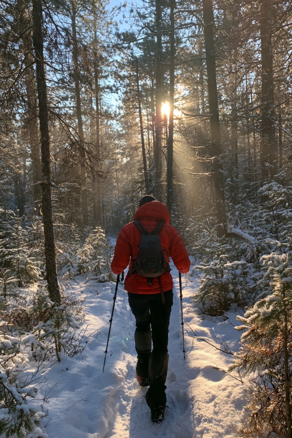 Hiker from behind walking a snowy forest trail in a red jacket and black softshell pants, sun through the trees