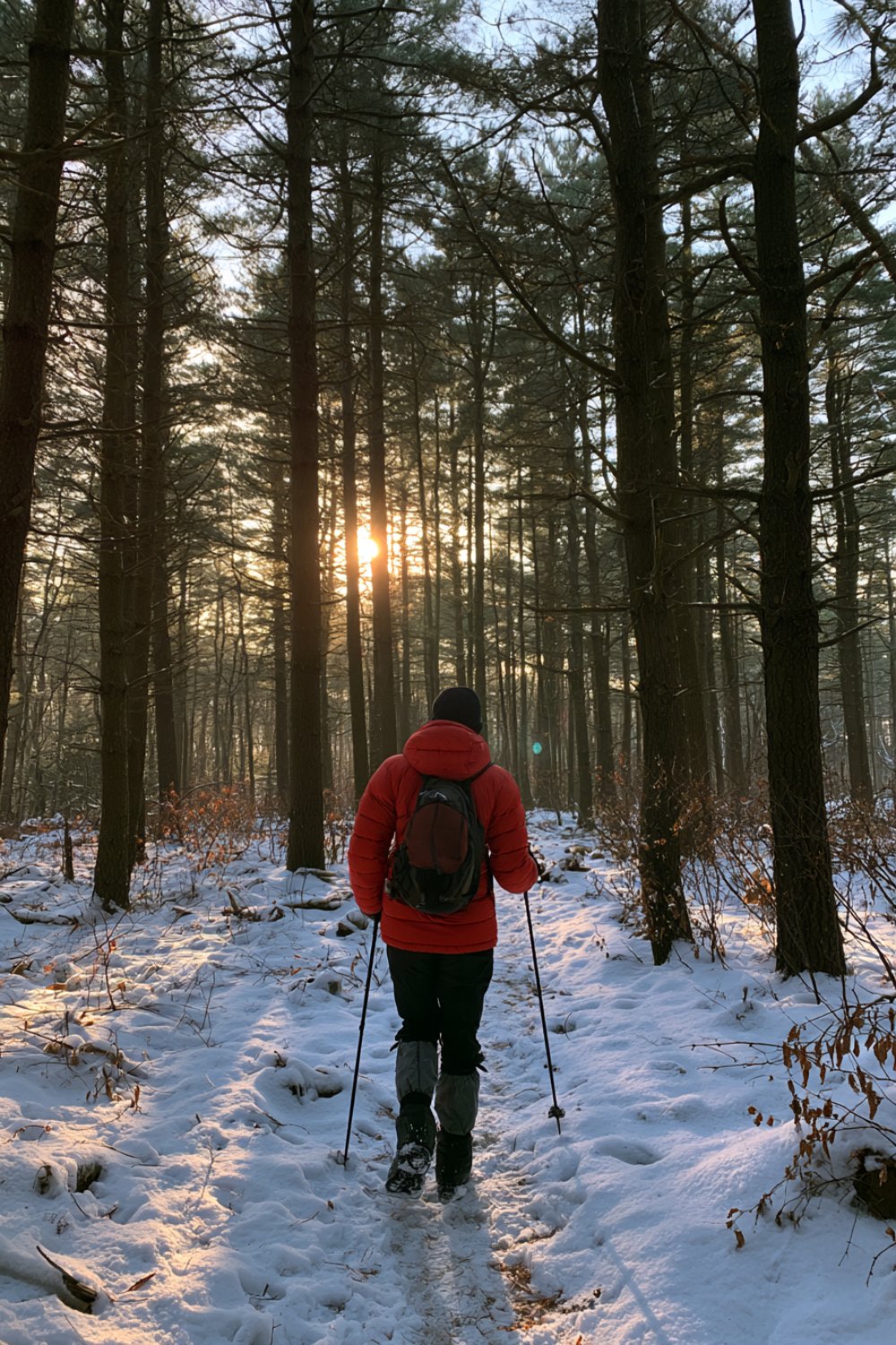 Hiker in a red jacket and small backpack walking away up a sunlit snowy trail through pines