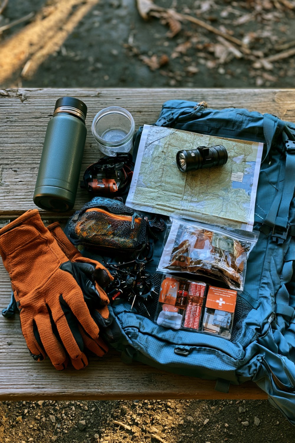 Winter hiking pack contents laid out: water bottle, headlamp, map, gloves, microspikes, snacks, first aid kit and hand warmers