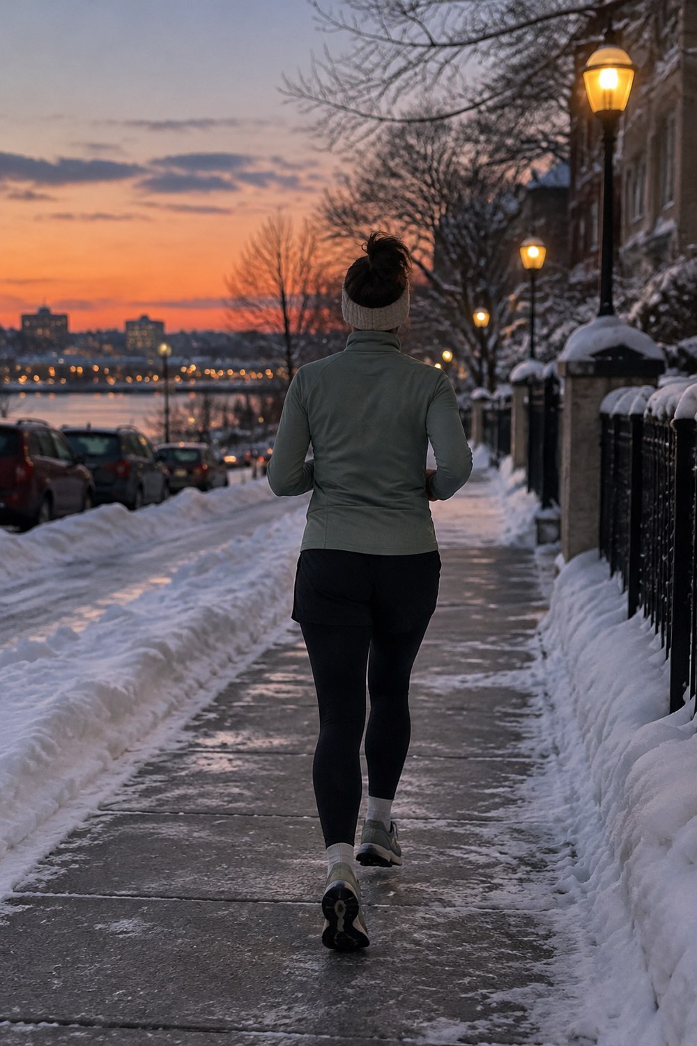 Runner seen from behind on a snowy sidewalk at dusk in shorts over thermal tights and a sage half-zip