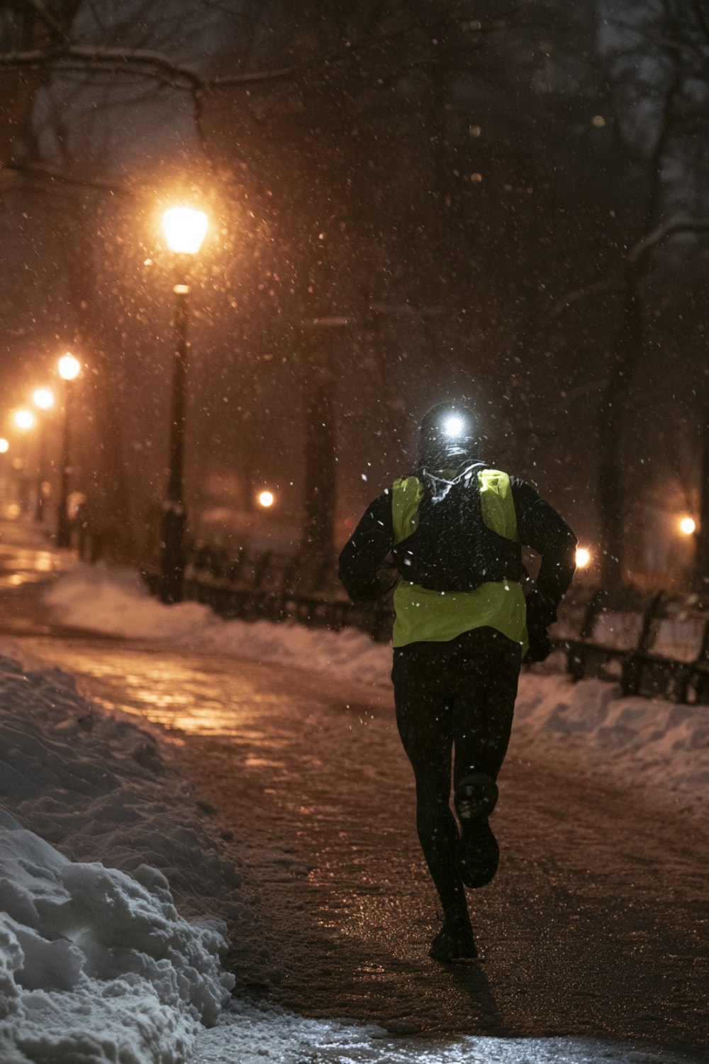 Runner seen from behind on a snowy park path at night with a headlamp and a high-visibility vest