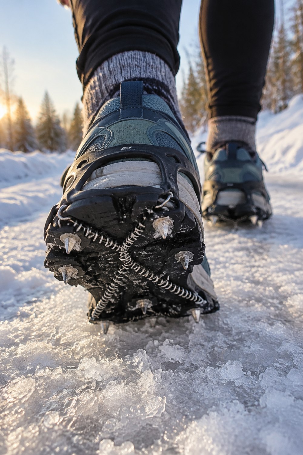 Running shoe with traction coils and spikes gripping packed ice on a winter path