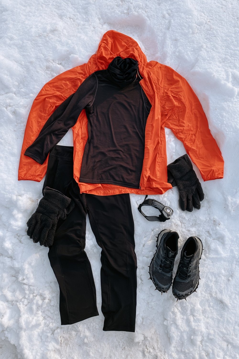 Winter running layers laid on snow: thermal tights, base layer, orange wind jacket, gloves and trail shoes