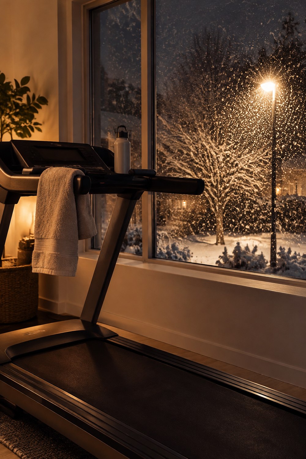 Treadmill beside a window at night with snow falling outside under a street lamp