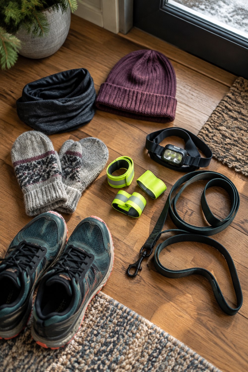 Winter run kit by the front door: mittens, neck gaiter, beanie, headlamp, reflective bands, dog leash and shoes
