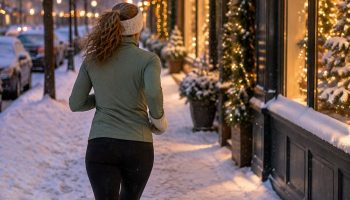 Runner seen from behind on a snowy city street at blue hour in a sage half-zip, thermal tights and a cream headband