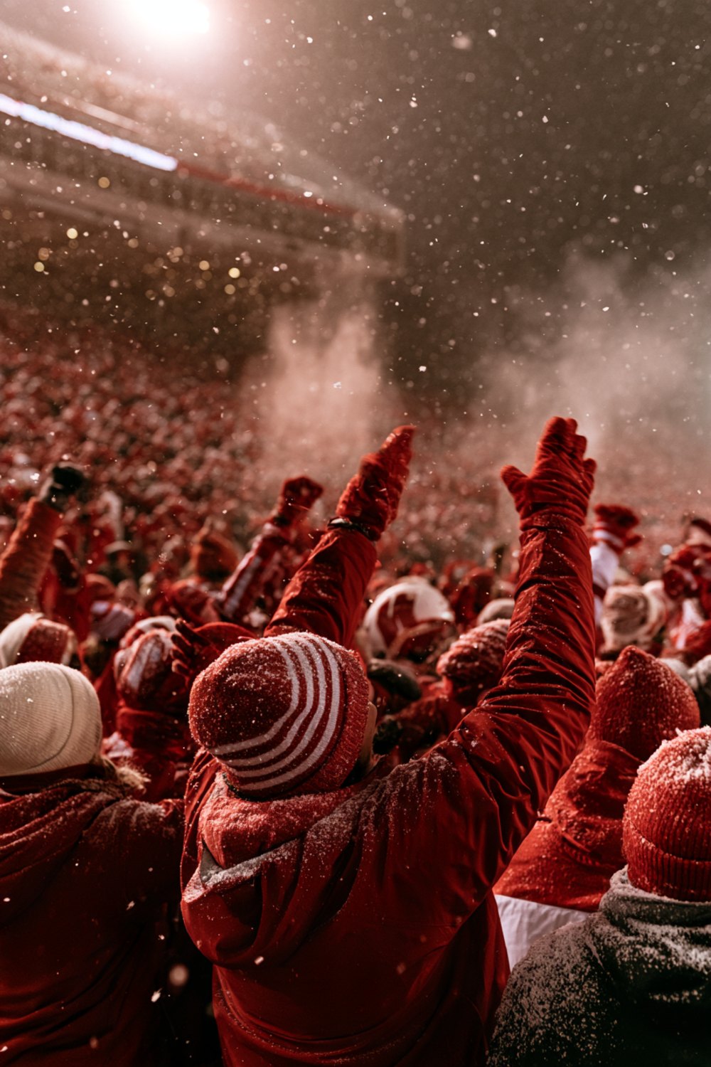 Crowd in red and white winter layers seen from behind cheering in a snowy college football stadium