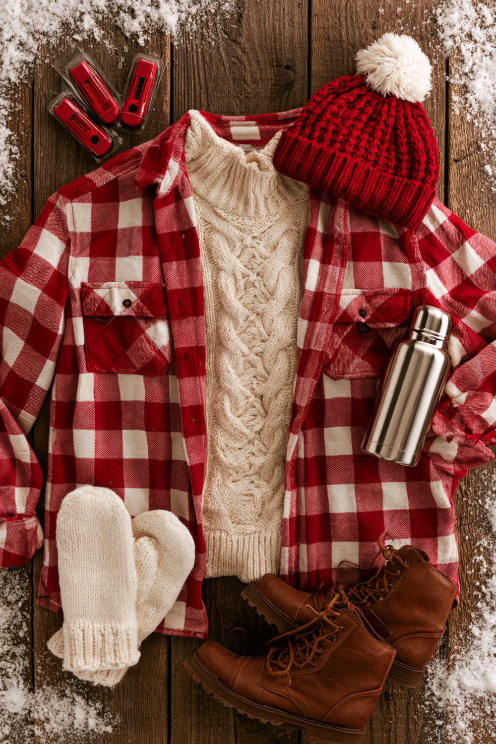 Another flat lay on a snowy table of a red plaid flannel, cream cable knit sweater, red pom beanie, mittens and a thermos