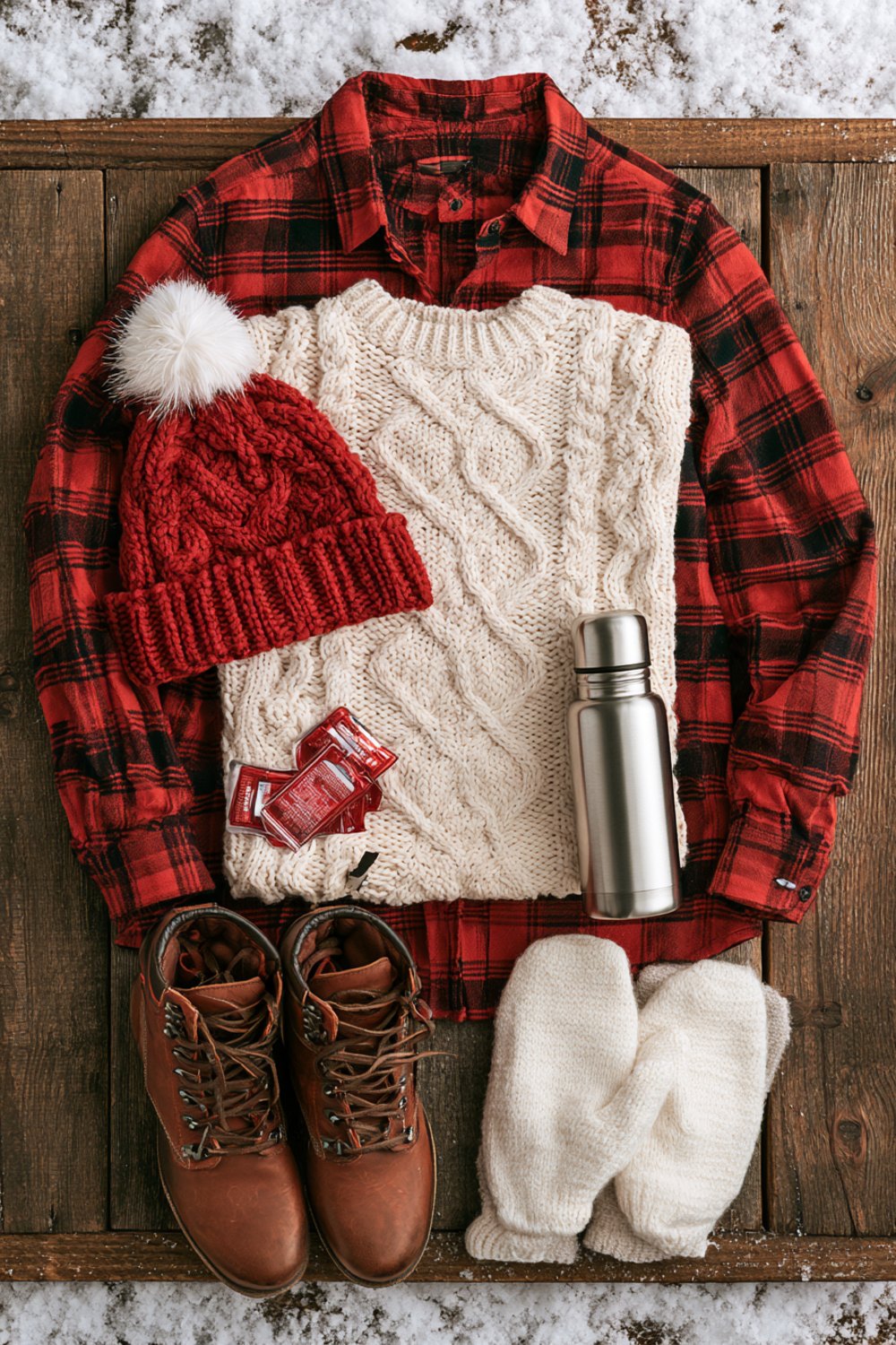 Another flat lay on a snowy table of a red plaid flannel, cream cable knit sweater, red pom beanie, mittens and a thermos