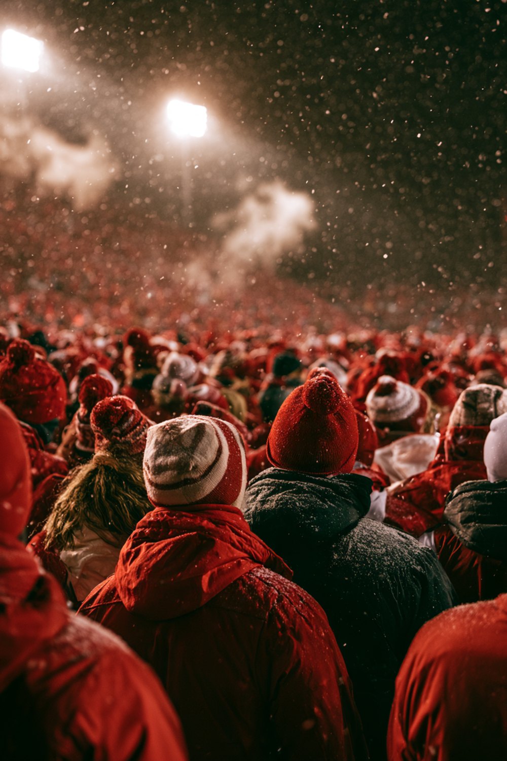 Crowd in red and white winter layers seen from behind cheering in a snowy college football stadium, wider view