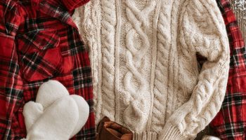 Flat lay on a snowy table of a red plaid flannel, cream cable knit sweater, red pom beanie, mittens and a thermos