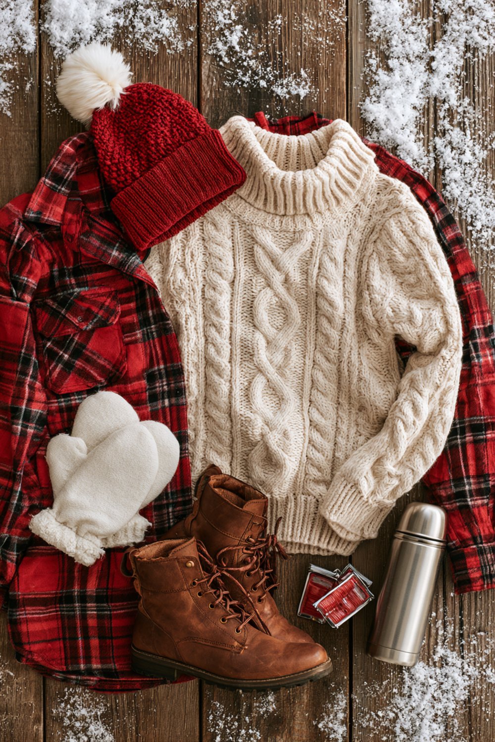 Flat lay on a snowy table of a red plaid flannel, cream cable knit sweater, red pom beanie, mittens and a thermos