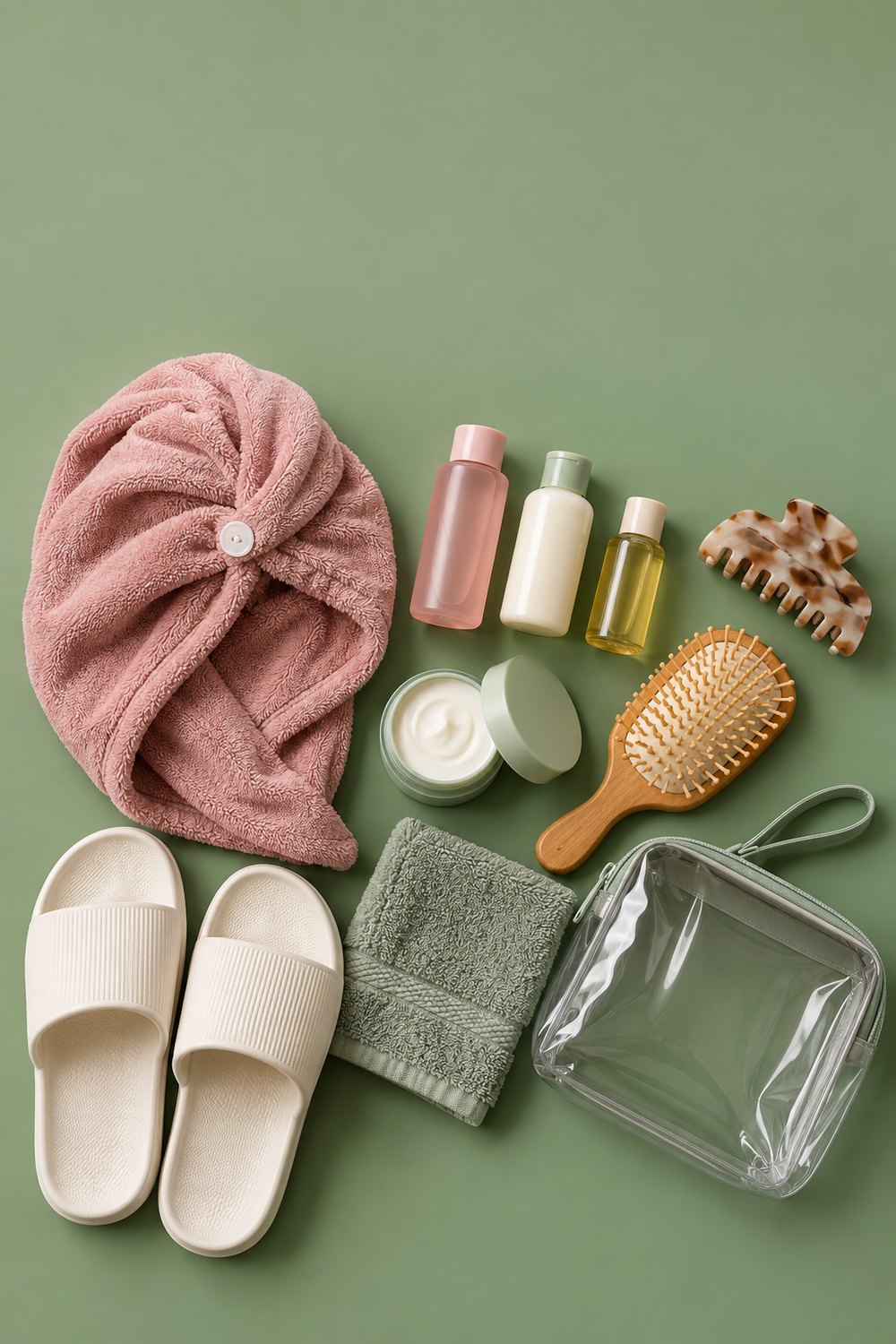 Women's gym shower kit on sage green: travel bottles, hair towel wrap, brush, claw clip, slides, face cloth and clear pouch