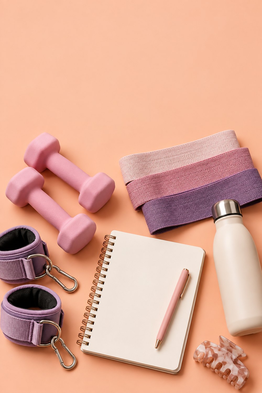 Strength training kit on peach: pastel dumbbells, fabric resistance bands, cable ankle straps, water bottle and a workout log