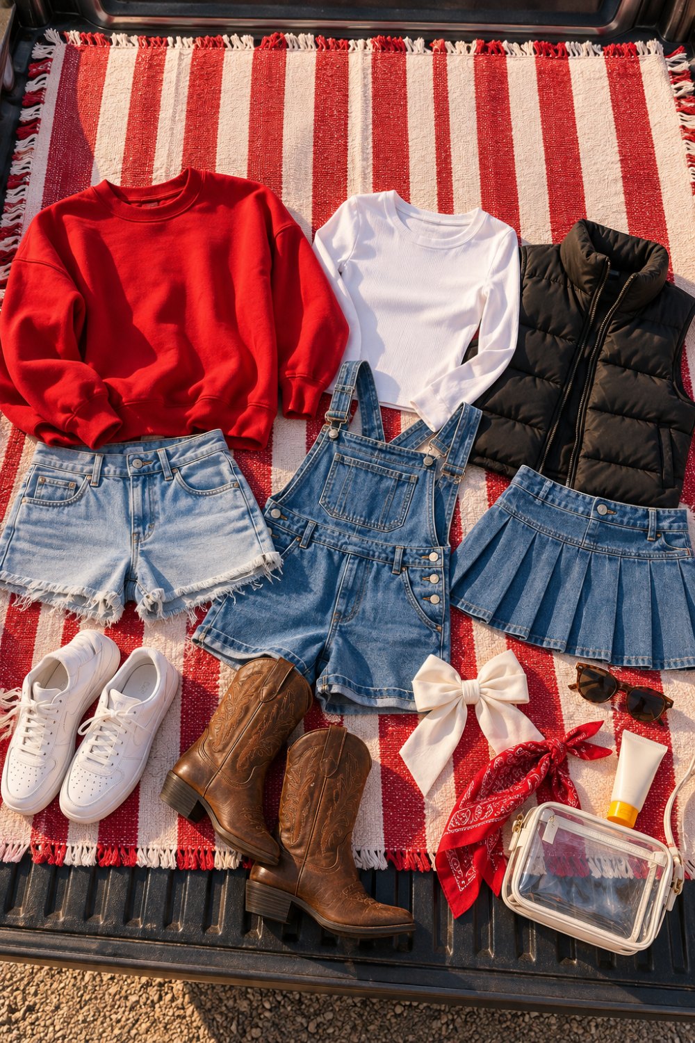 Flat lay of women's tailgate outfits on a pickup truck tailgate: red crewneck, white long sleeve, black puffer vest, denim shorts, overalls, pleated denim skirt, white sneakers, cowboy boots, white hair bow, red bandana, sunglasses, sunscreen and a clear stadium bag